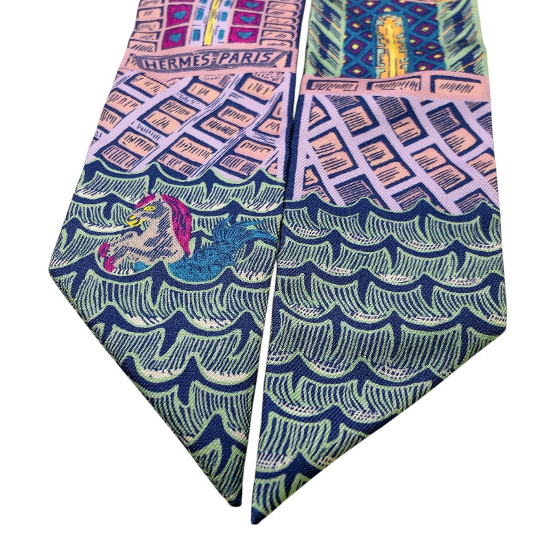 エルメス HERMES ツイリー　SUPER　SILK　QUEST 紫/緑/青 シルク100％ レディース スカーフ
