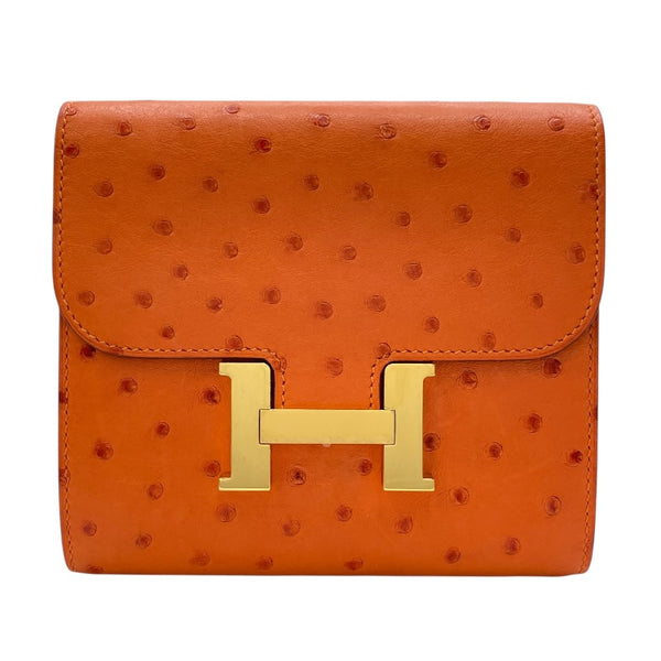 エルメス HERMES コンスタンス コンパクト A刻印（2017年製) オレンジ　ゴールド金具 オーストリッチ レディース 二つ折り財布