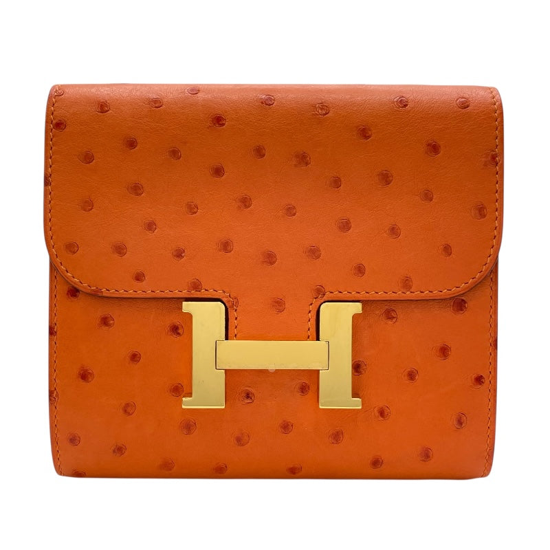 エルメス HERMES コンスタンス コンパクト A刻印（2017年製) オレンジ　ゴールド金具 オーストリッチ レディース 二つ折り財布