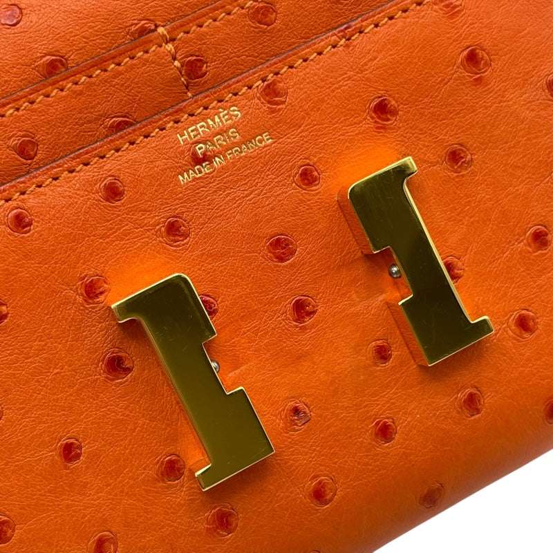 エルメス HERMES コンスタンス コンパクト A刻印（2017年製) オレンジ　ゴールド金具 オーストリッチ レディース 二つ折り財布