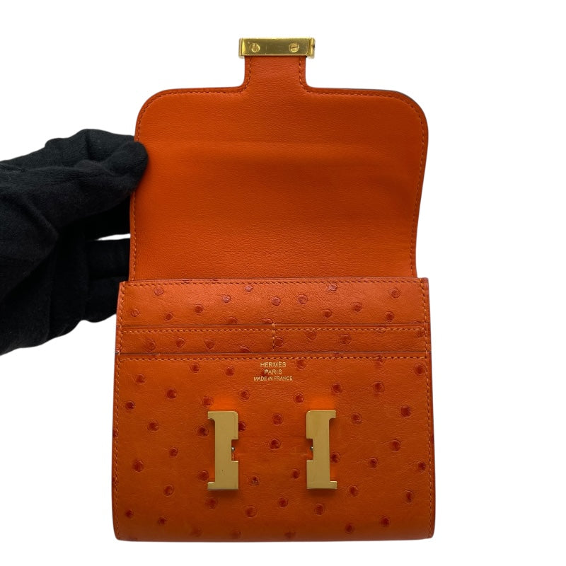 エルメス HERMES コンスタンス コンパクト A刻印（2017年製) オレンジ　ゴールド金具 オーストリッチ レディース 二つ折り財布