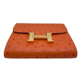 エルメス HERMES コンスタンス コンパクト A刻印（2017年製) オレンジ　ゴールド金具 オーストリッチ レディース 二つ折り財布