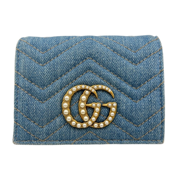 グッチ GUCCI GGマーモント　コンパクトウォレット 466492 ブルー　ゴールド金具 デニム/レザー ユニセックス 二つ折り財布
