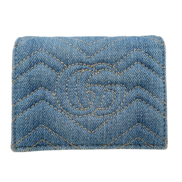 グッチ GUCCI GGマーモント　コンパクトウォレット 466492 ブルー　ゴールド金具 デニム/レザー ユニセックス 二つ折り財布