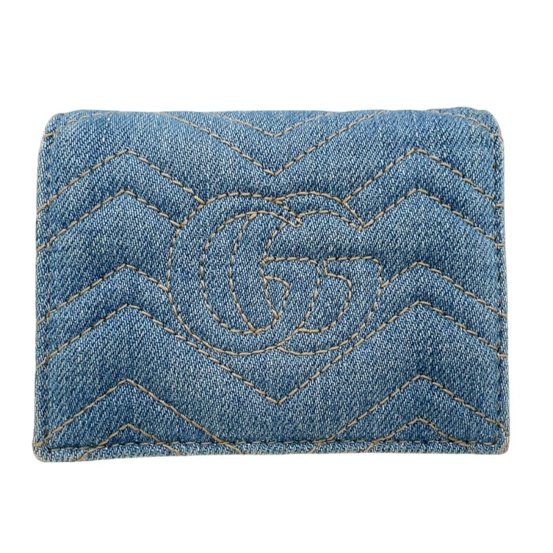 グッチ GUCCI GGマーモント　コンパクトウォレット 466492 ブルー　ゴールド金具 デニム/レザー ユニセックス 二つ折り財布