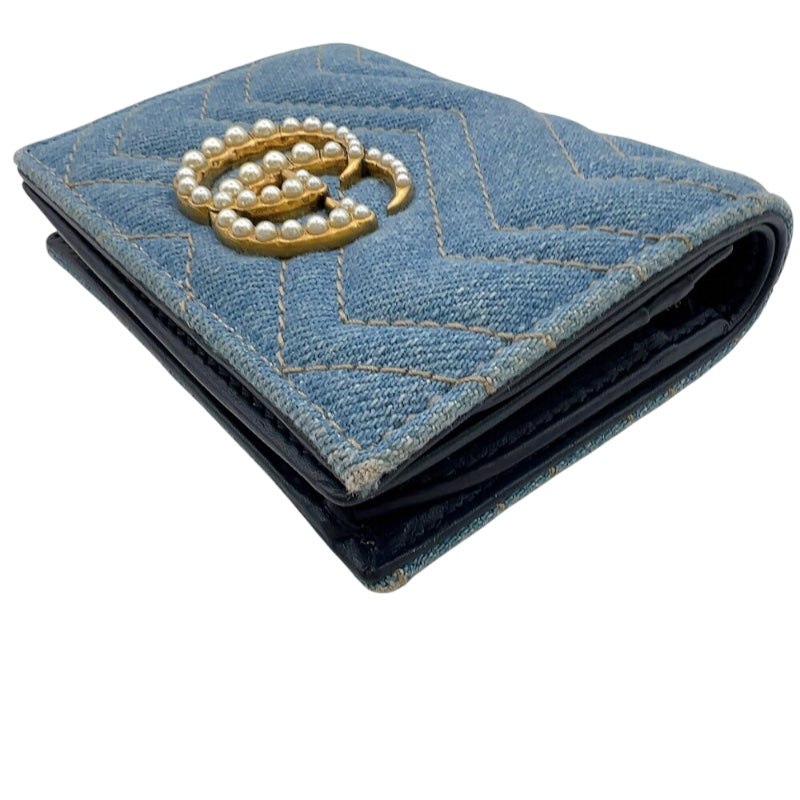 グッチ GUCCI GGマーモント　コンパクトウォレット 466492 ブルー　ゴールド金具 デニム/レザー ユニセックス 二つ折り財布