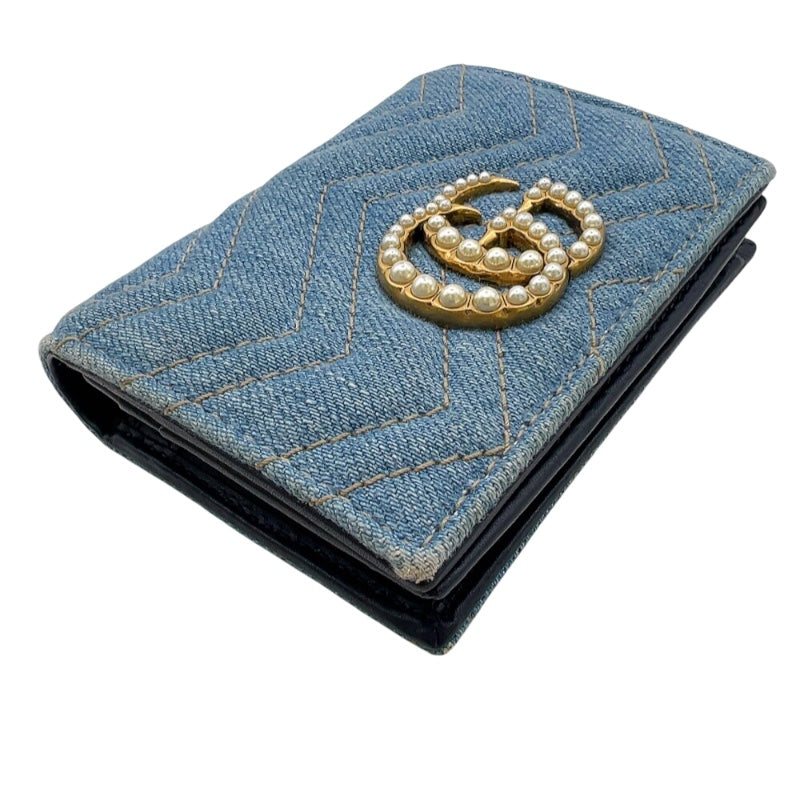 グッチ GUCCI GGマーモント　コンパクトウォレット 466492 ブルー　ゴールド金具 デニム/レザー ユニセックス 二つ折り財布