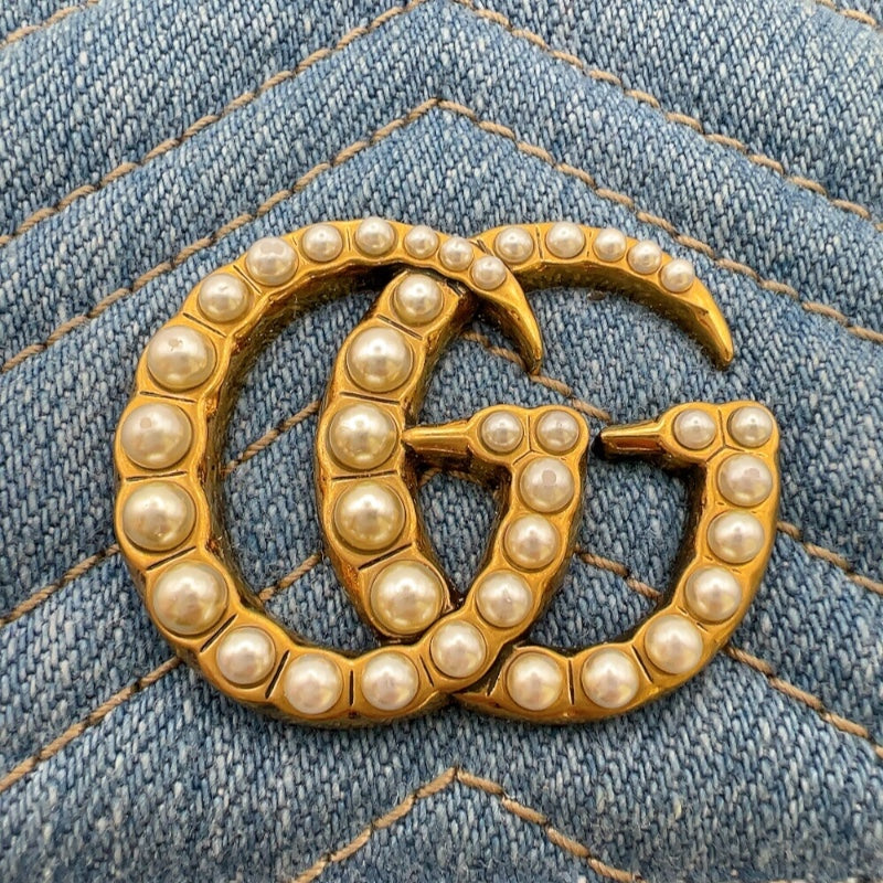 グッチ GUCCI GGマーモント　コンパクトウォレット 466492 ブルー　ゴールド金具 デニム/レザー ユニセックス 二つ折り財布