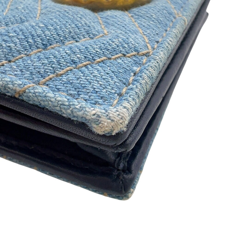グッチ GUCCI GGマーモント　コンパクトウォレット 466492 ブルー　ゴールド金具 デニム/レザー ユニセックス 二つ折り財布