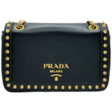 プラダ PRADA ロゴ スタッズ チェーンショルダー 1BD147 ブラック ゴールド金具 カーフスキン レディース ショルダーバッグ