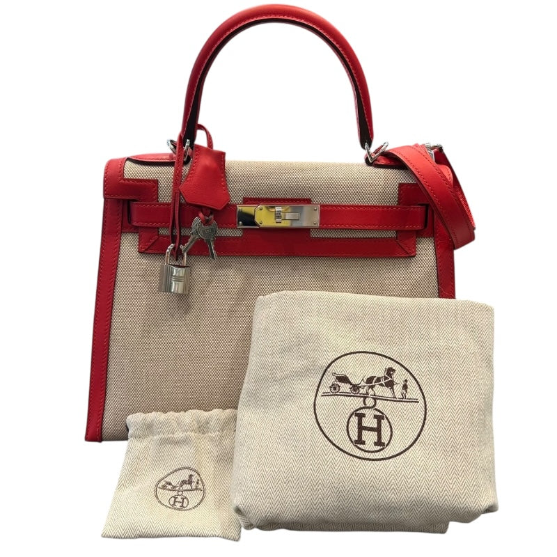エルメス HERMES ケリー28 内縫い Y刻　 ベージュ・ヴァーミリオン/SV金具 トワル・スイフト レディース ショルダーバッグ