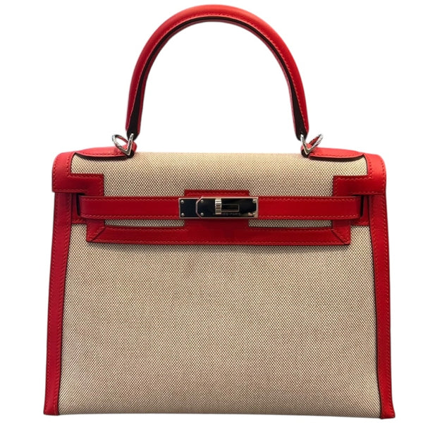エルメス HERMES ケリー28 内縫い Y刻　 ベージュ・ヴァーミリオン/SV金具 トワル・スイフト レディース ショルダーバッグ