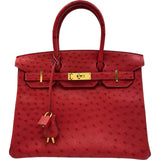 エルメス HERMES バーキン30 D刻印 ルージュカザック ゴールド金具 オーストリッチ レディース ハンドバッグ