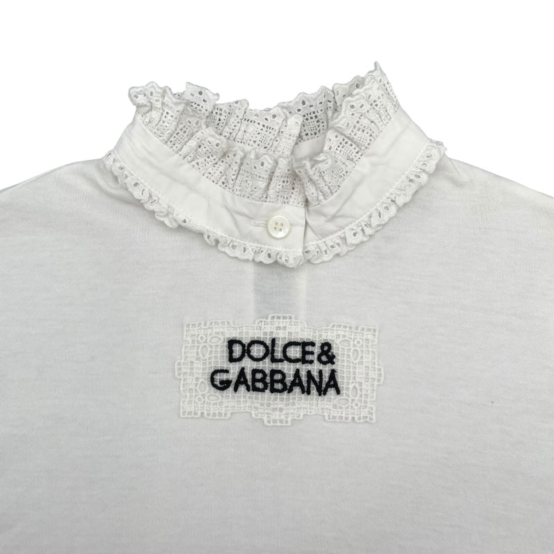 ドルチェ＆ガッバーナ Dolce & Gabbana ロゴ刺〓レースネックTシャツ F8M72T ホワイト コットン 半袖Ｔシャツ レディース 中古 ドルチェ＆ガッバーナ Dolce & Gabbana ロゴ刺繡レースネックT