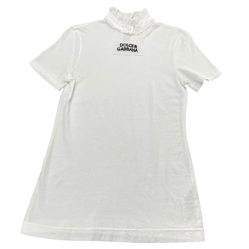 ドルチェ＆ガッバーナ Dolce & Gabbana ロゴ刺繡レースネックTシャツ F8M72T ホワイト コットン レディース 半袖Ｔシャツ