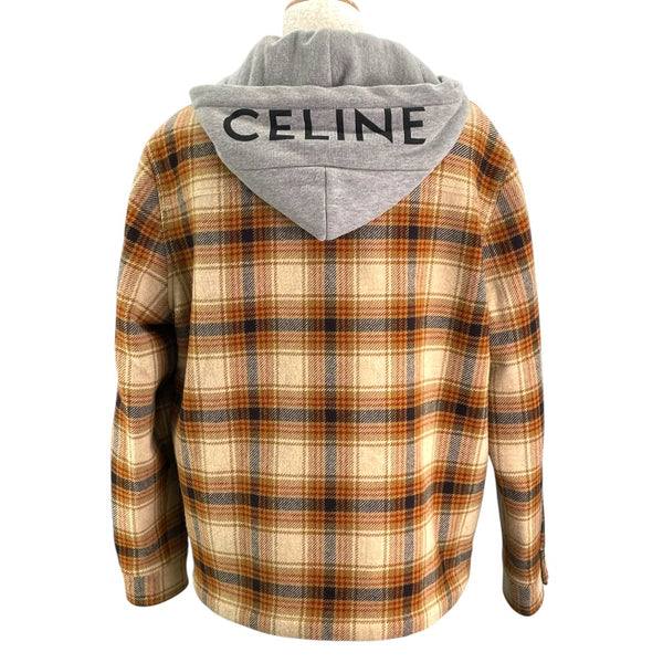 セリーヌ CELINE ロゴフーデッド チェックシャツ ジャケット 2W68A089L ベージュ ウール メンズ その他アウター