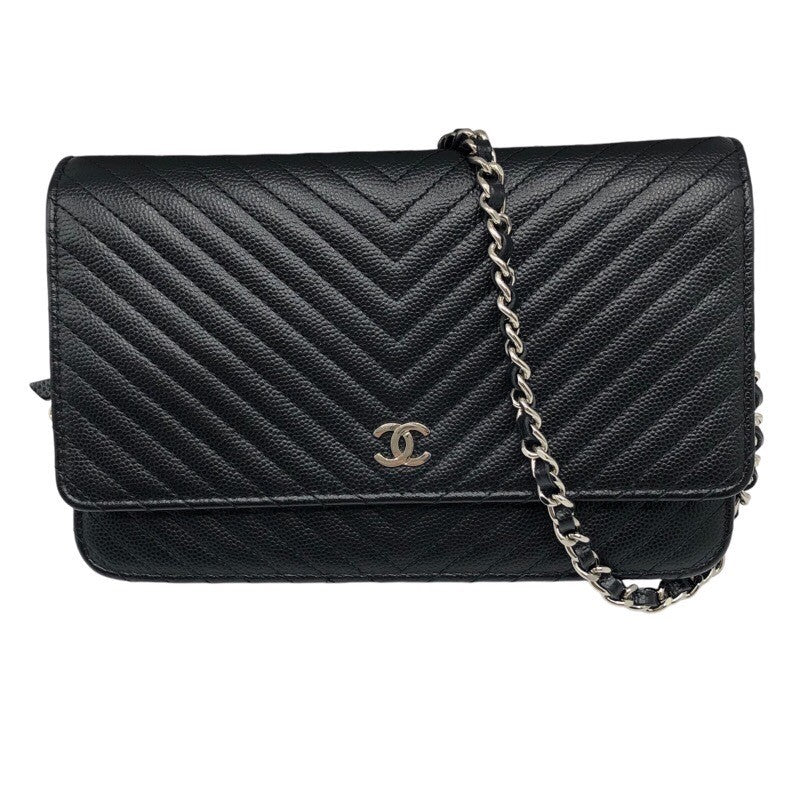 シャネル CHANEL Vステッチ チェーンウォレット A33814 ブラック×SV金具 キャビア レディース ショルダーバッグ