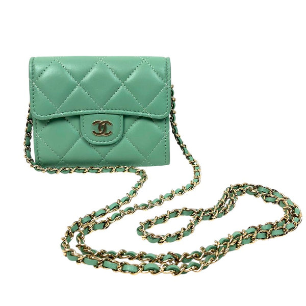 シャネル CHANEL マトラッセチェーンカードケース AP0238 グリーン ゴールド金具 ラムスキン レディース ショルダーバッグ