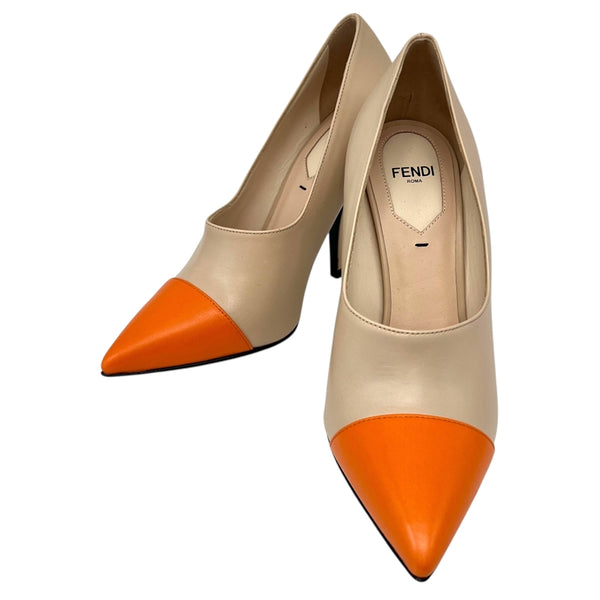 フェンディ FENDI バイカラー ヒールサンダル 36 ベージュ×オレンジ レザー レディース パンプス