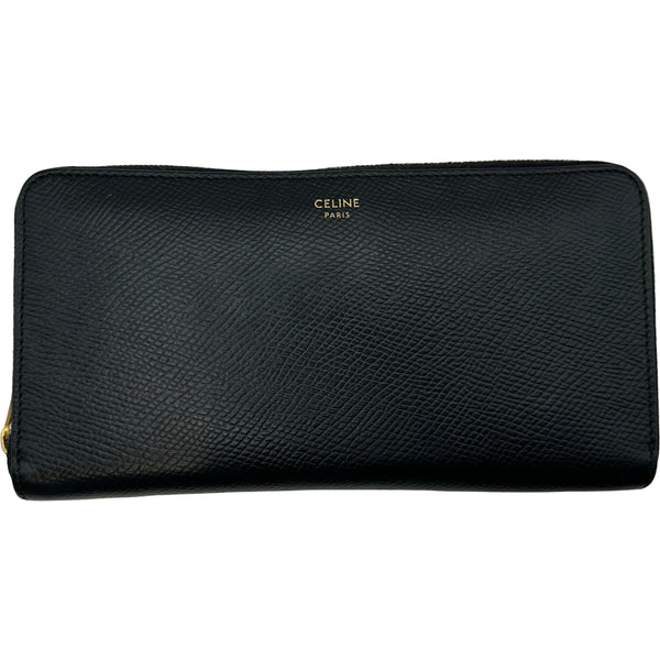 【極美品】 セリーヌ 長財布 ラウンドファスナー ワンポイントロゴ 黒 レザー セリーヌ CELINE ロゴラウンドファスナー長財布 ブラック ゴールド金具