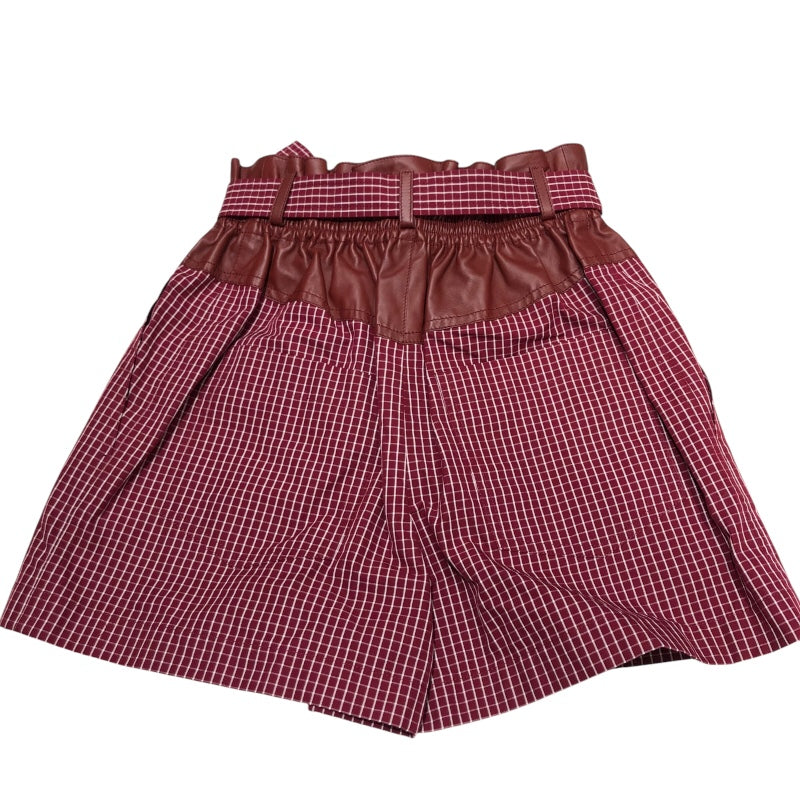 エルメス HERMES レザー切替チェックショートパンツ 4E0433DW ボルドー赤ワイン コットン レディース ショートパンツ