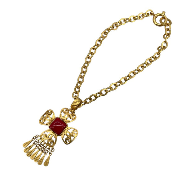 シャネル CHANEL ココマーク クロスネックレス ゴールド レッド メタル アクセサリー