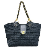シャネル CHANEL ラフィアチェーンショルダー 10番台 ネイビー ゴールド金具 ラフィア レザー レディース ショルダーバッグ
