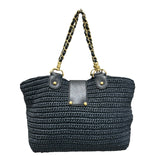 シャネル CHANEL ラフィアチェーンショルダー 10番台 ネイビー ゴールド金具 ラフィア レザー レディース ショルダーバッグ