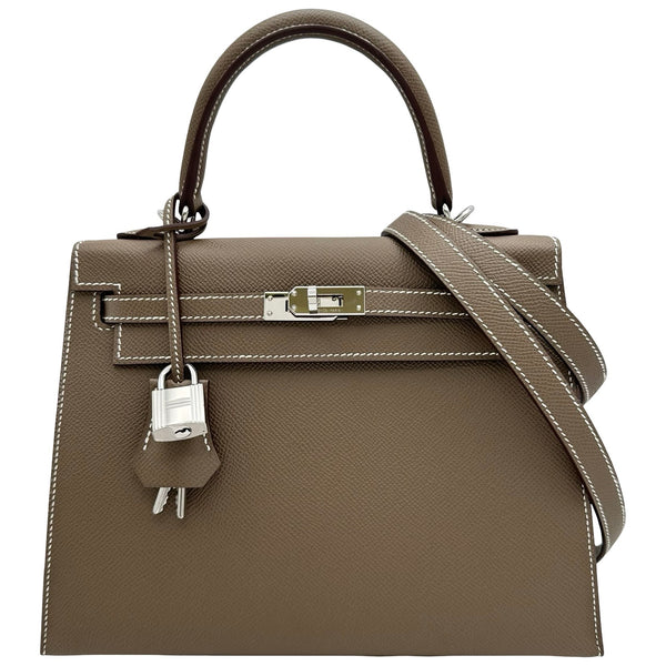 エルメス HERMES ケリー25 外縫い W刻印 エトゥープ シルバー金具