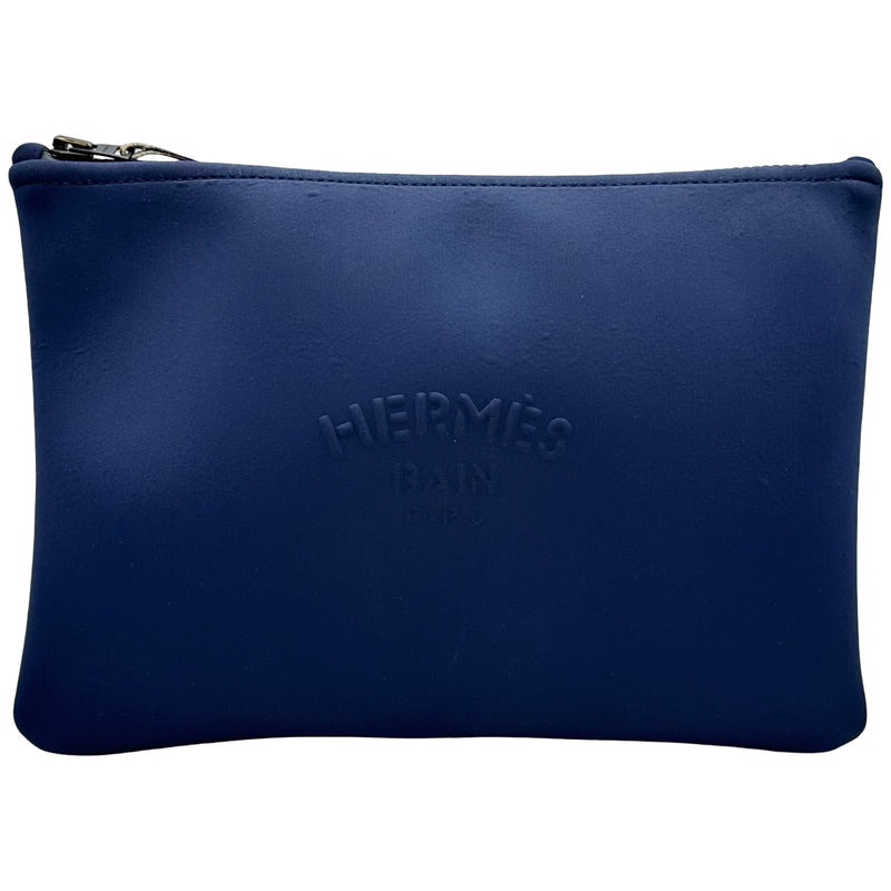 HERMES エルメス　ネオバン　MM クラッチバッグ　ポーチ　エンボスロゴ エルメス HERMES ネオバンMM ブルーマリン ブラック金具 ナイロン