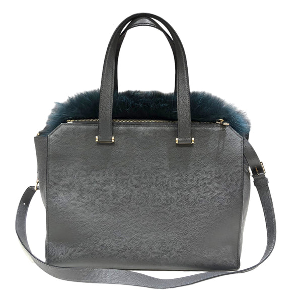 Valextra ヴァレクストラ 2WAY ハンドバッグ グレー/グリーン ゴールド金具 レザー/ファー レディース トートバッグ