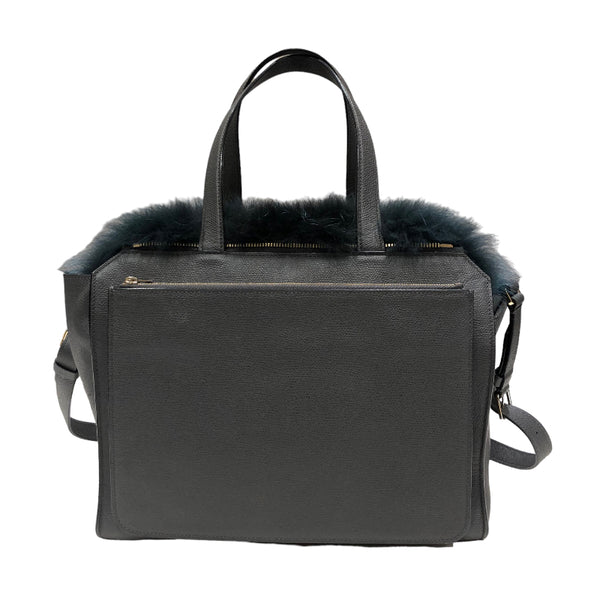 Valextra ヴァレクストラ 2WAY ハンドバッグ グレー/グリーン ゴールド金具 レザー/ファー レディース トートバッグ