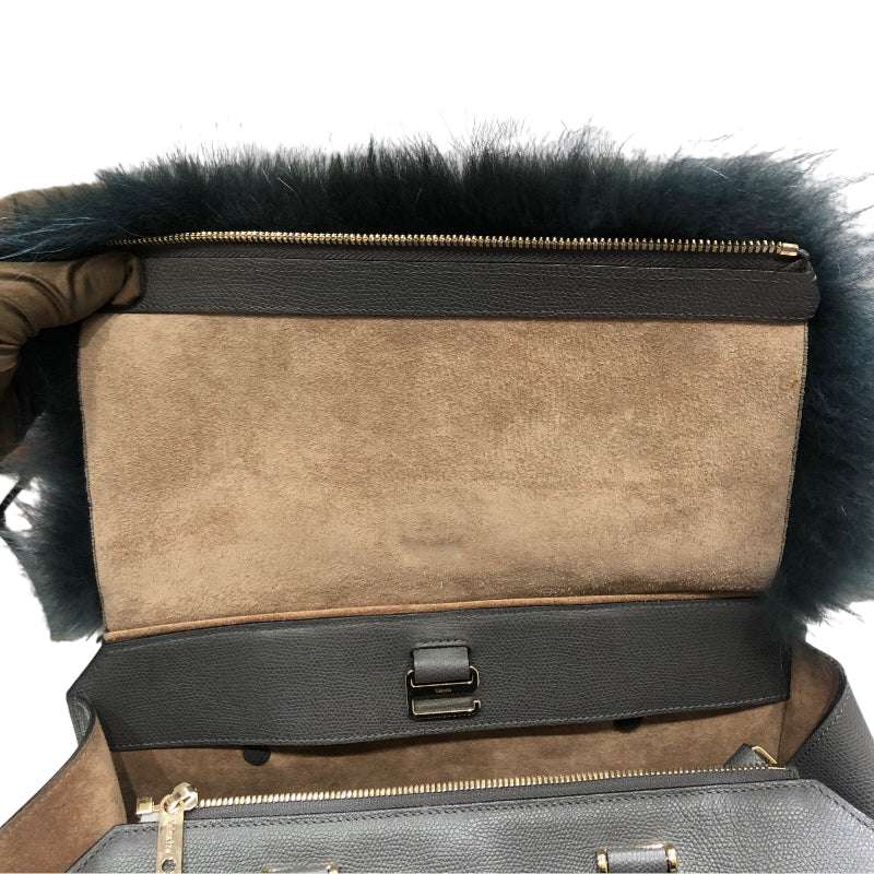 Valextra ヴァレクストラ 2WAY ハンドバッグ グレー/グリーン ゴールド金具 レザー/ファー レディース トートバッグ