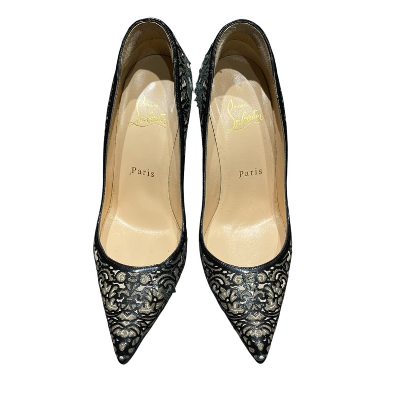 クリスチャン・ルブタン Christian louboutin 総柄ヒールパンプス ブラック エナメル レディース パンプス