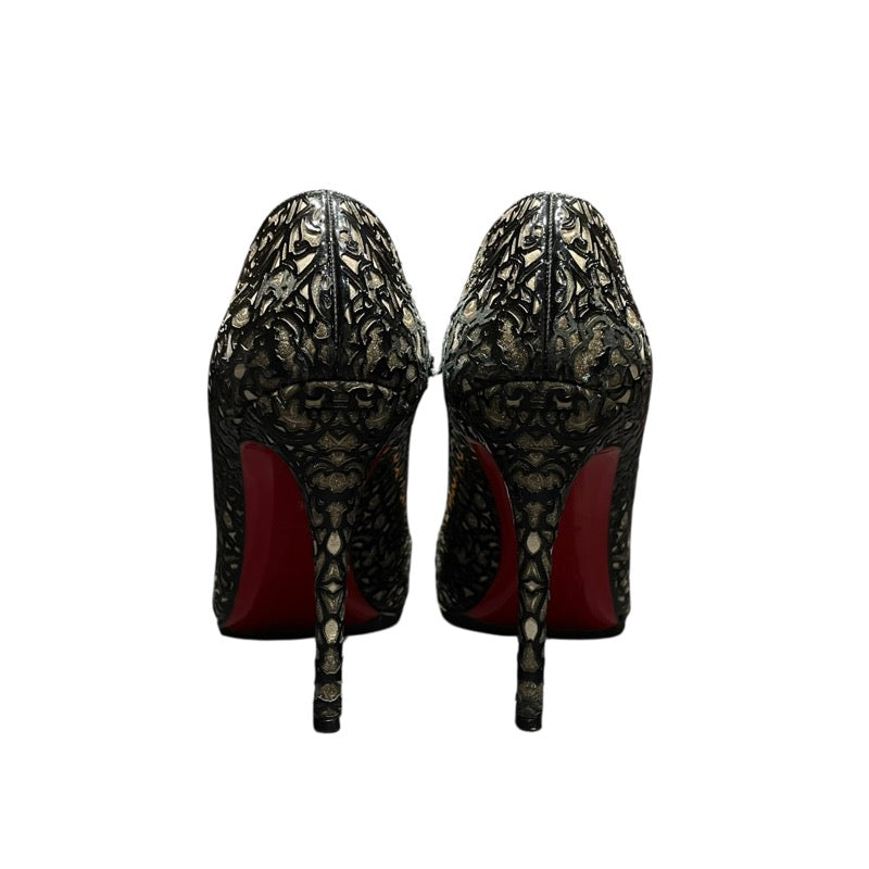 クリスチャン・ルブタン Christian louboutin 総柄ヒールパンプス ブラック エナメル レディース パンプス