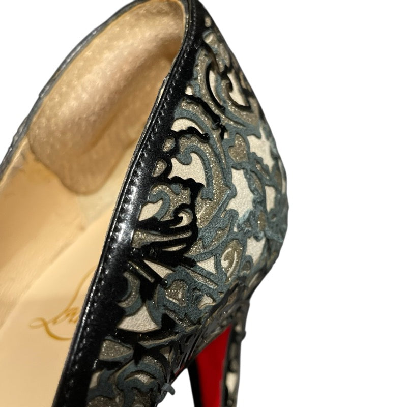 クリスチャン・ルブタン Christian louboutin 総柄ヒールパンプス ブラック エナメル レディース パンプス