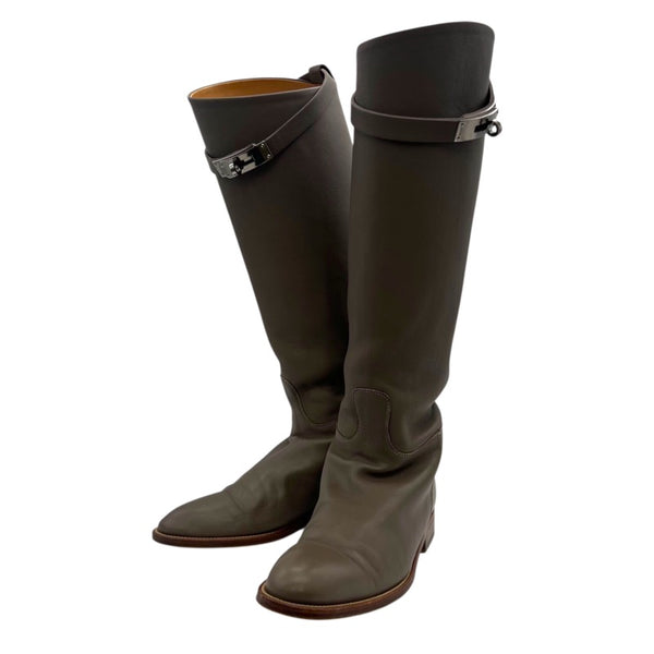 エルメス HERMES ジャンピング ケリー金具レザーロングブーツ グレー レザー レディース ブーツ