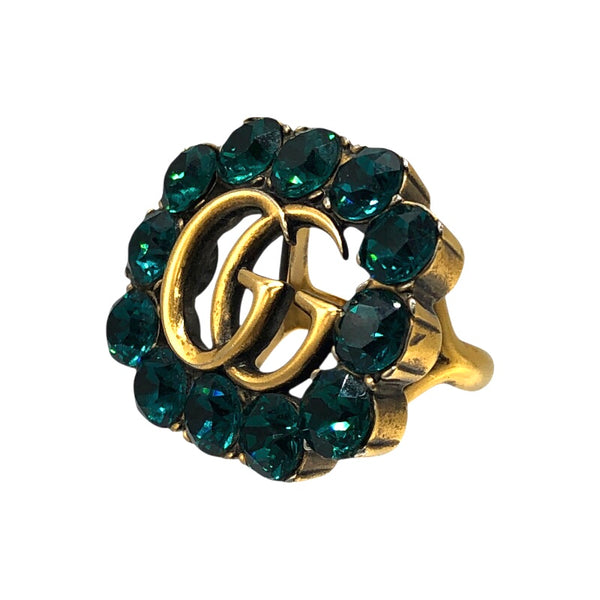 GUCCI GGロゴ クリスタルブローチ GG Marmont crystal brooch in antique gold-toned metal