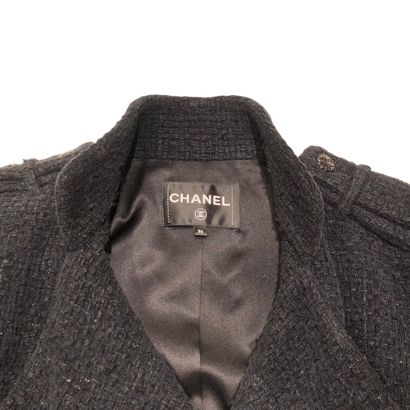 シャネル CHANEL ラメツイードピーコート P7338 ブラック コットン レディース ピーコート