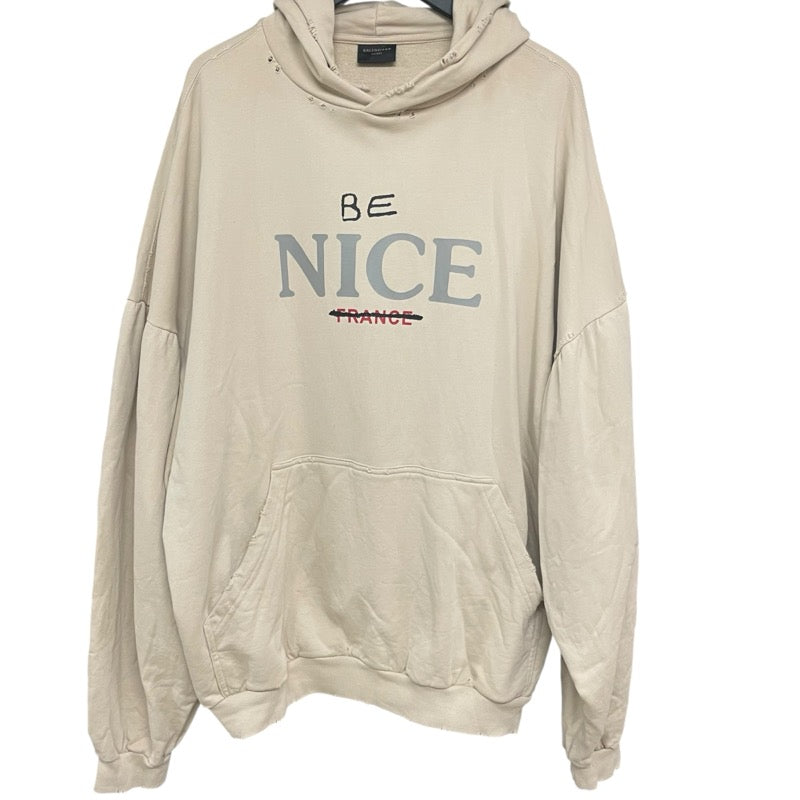 バレンシアガ BALENCIAGA BE NICEプリントダメージ加工パーカー ベージュ コットン メンズ パーカー