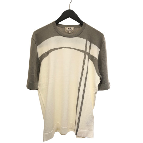 エルメス HERMES カシミヤ混デザインニットTシャツ グレー・ホワイト 綿85% カシミヤ15% レディース 半袖Ｔシャツ