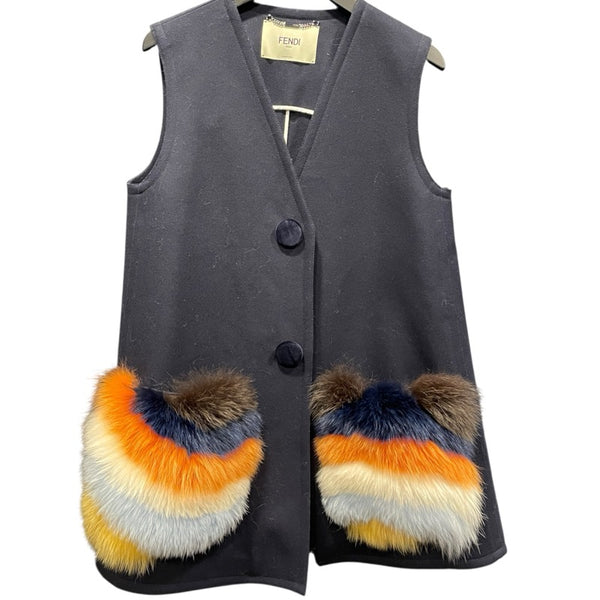 フェンディ FENDI ファーポケット付ベストコート FF8245 ネイビー ウール レディース ベスト