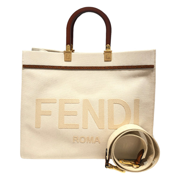 フェンディ FENDI サンシャイントートバッグ ミディアム 8BH386 ホワイト ブラウン ゴールド金具 キャンバス ユニセックス トートバッグ