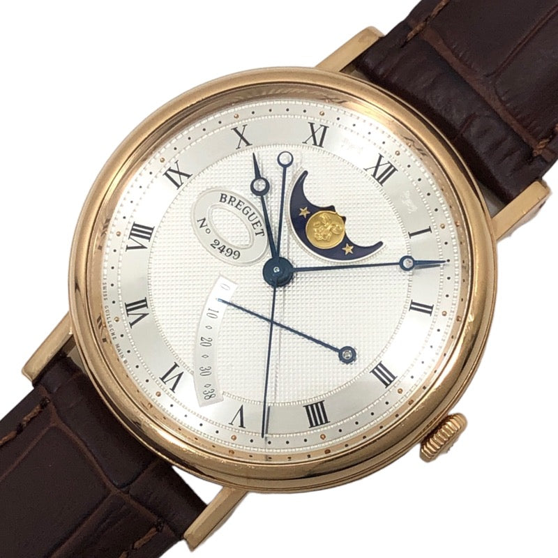 ブレゲ Breguet クラシック ムーンフェイズ 7787/BR/12/9V6 シルバー文字盤 K18PG/レザーストラップ(社外品) メンズ 腕時計