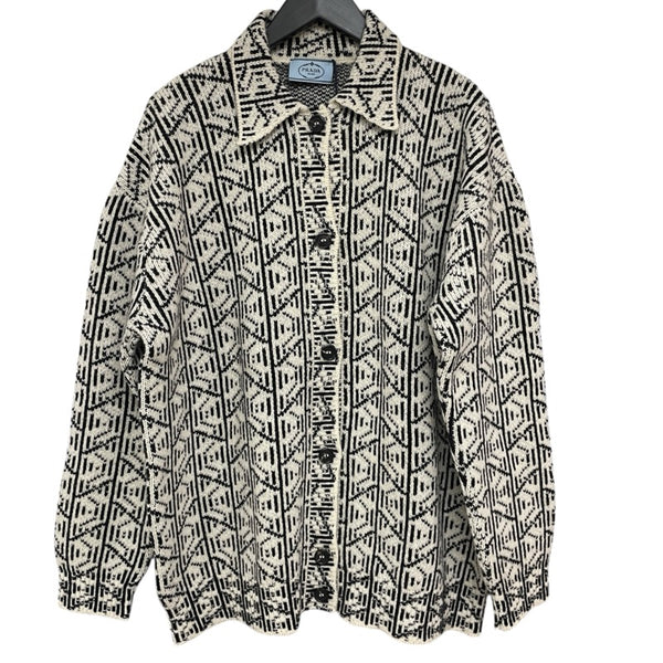 プラダ PRADA 総柄ニットシャツカーディガン P25I32 ホワイト ウール メンズ カーディガン