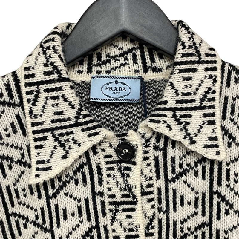 プラダ PRADA 総柄ニットシャツカーディガン P25I32 ホワイト ウール メンズ カーディガン