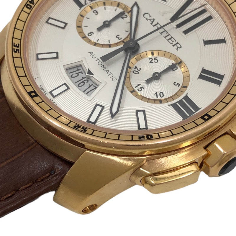 カルティエ Cartier カリブル ドゥ カルティエ クロノグラフ W7100044 シルバー文字盤 K18PG/レザーストラップ(社外) 自動巻き メンズ 腕時計
