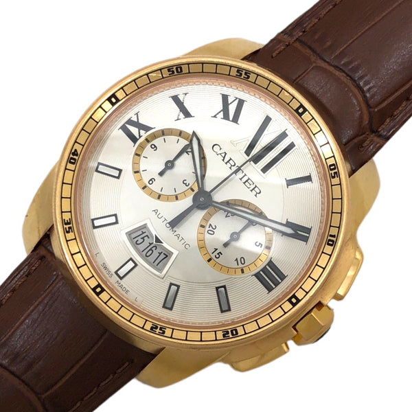 カルティエ Cartier カリブル ドゥ カルティエ クロノグラフ W7100044 シルバー文字盤 K18PG/レザーストラップ(社外) 自動巻き メンズ 腕時計