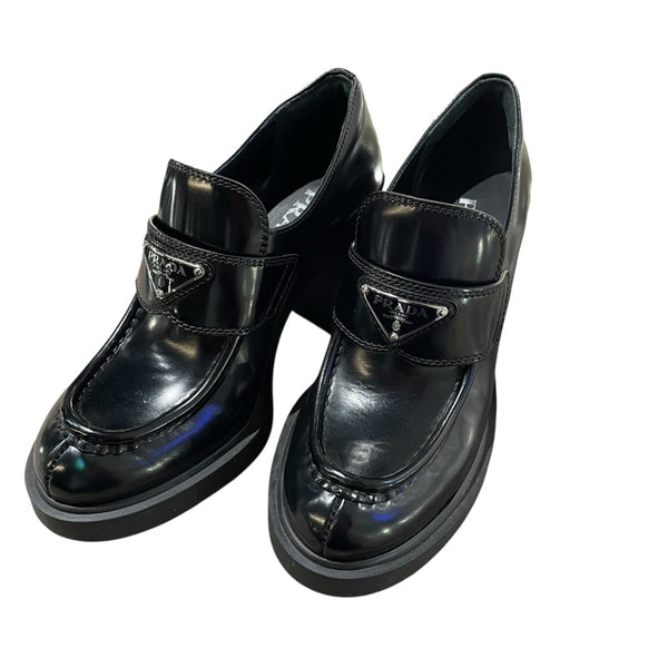 プラダ PRADA チョコレート ブラッシュドレザーヒール ブラック レザー レディース ローファー
