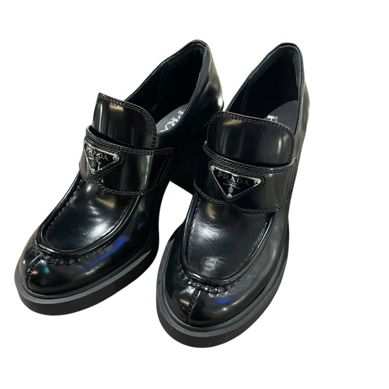 プラダ PRADA チョコレート ブラッシュドレザーヒール ブラック レザー レディース ローファー